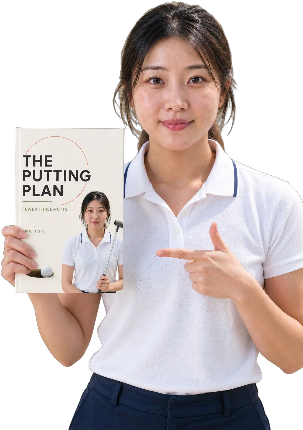 The author holding The Putting Plan and pointing at it